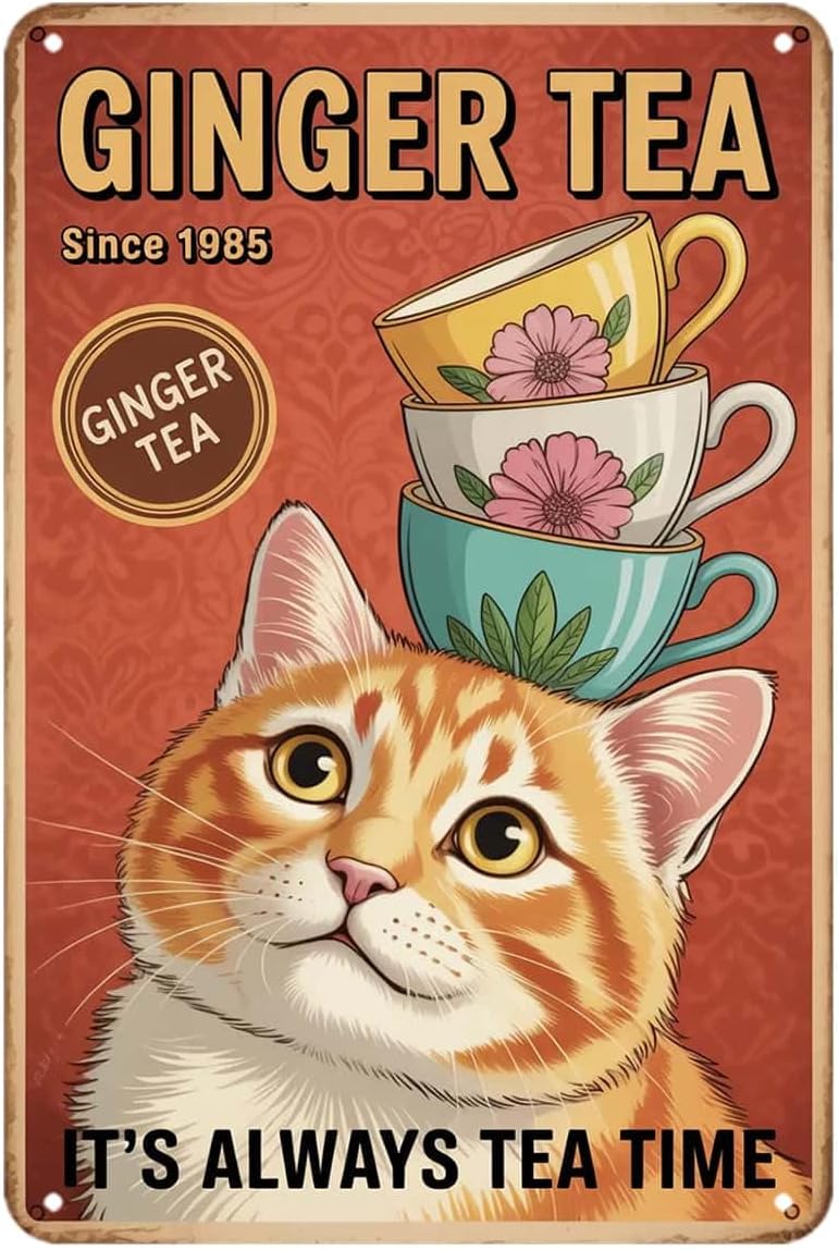 Ginger Tea - 귀여운 고양이 모양의 생강차 틴 사인,
